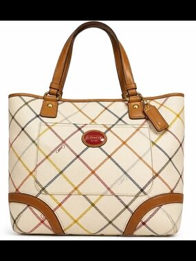 Coach Peyton Tattersall Tote Ivory Plaid Leather Trim + FREE Wallet Bundle